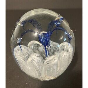 Kent Helms Handblown Art Glass Paperweight Blue White Trumpet Flowers VTG Signed